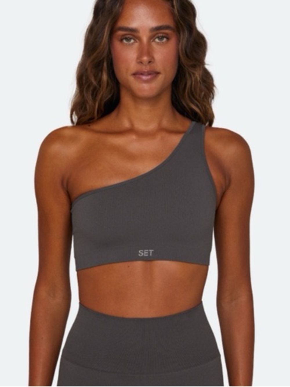 SET Active One-Shoulder Ribbed Sports Bra in Charcoal Gray and Matching Leggings